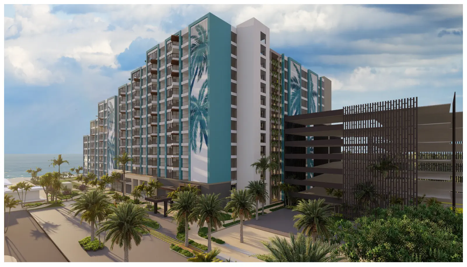 Margaritaville - Resort & Residences - Panoramic view of the rear facade of a seaside condominium Margaritaville - Resort & Residences - Panoramic view of the rear facade of a seaside condominium