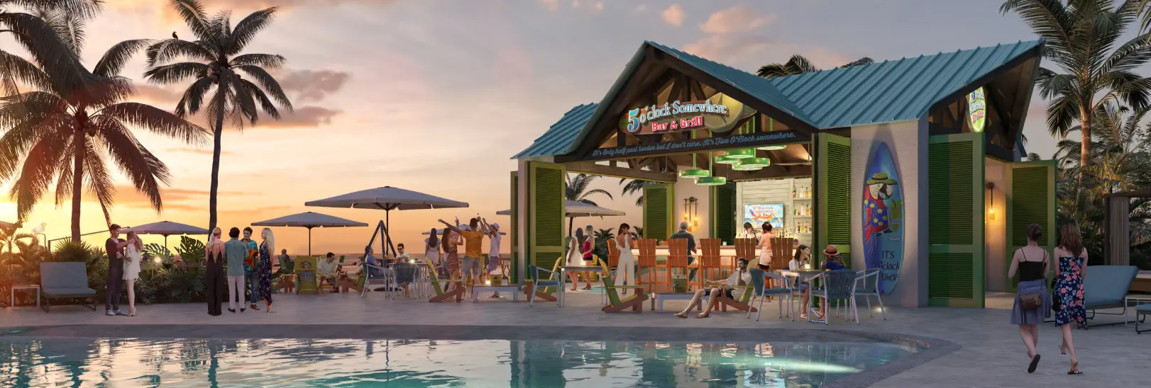 Margaritaville - Resort & Residences - People sharing in bar with sea view Margaritaville - Resort & Residences - People sharing in bar with sea view